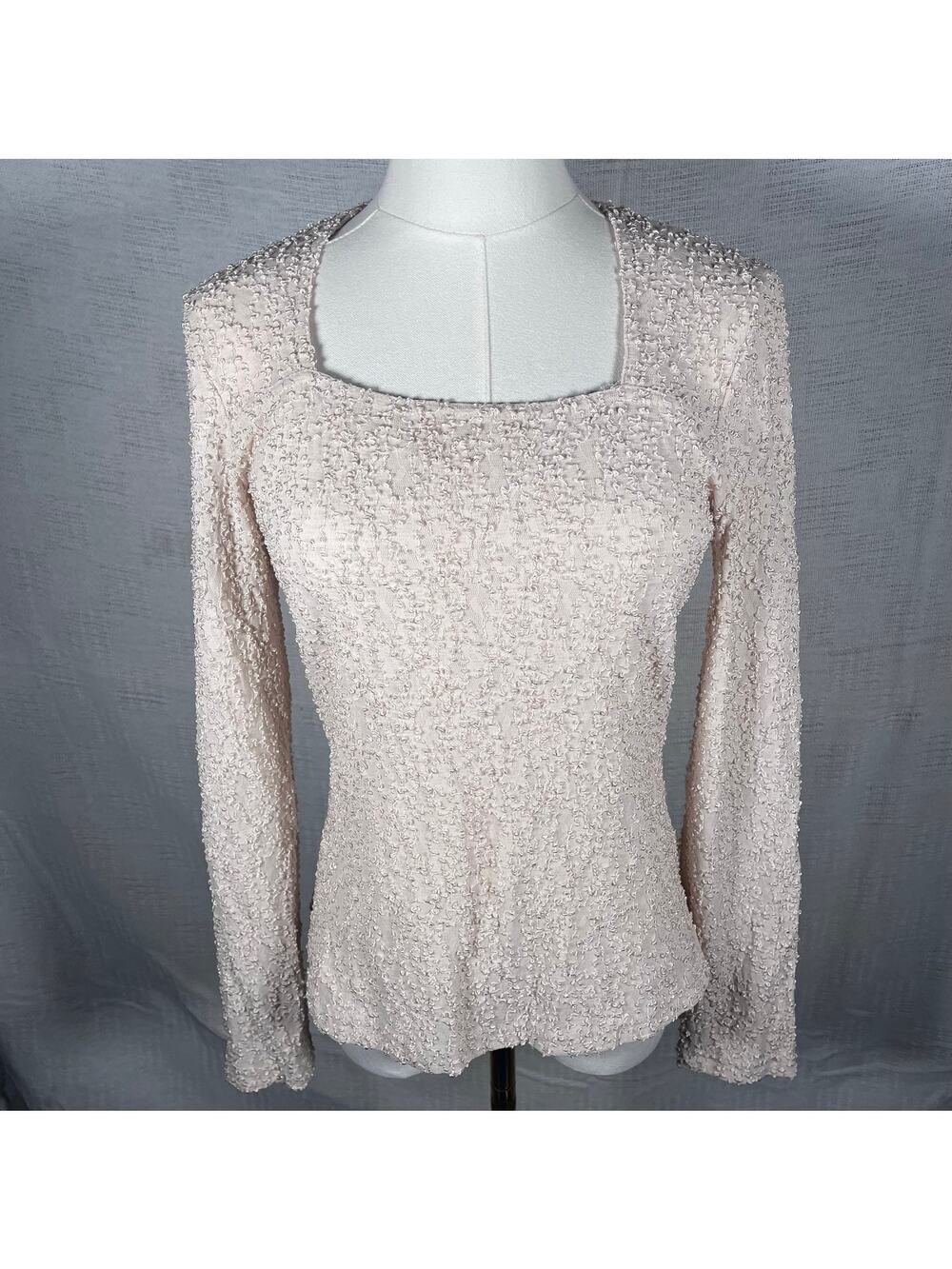 Vintage Women's Long Sleeve Textured Cream Blouse Size Medium Cottage Core